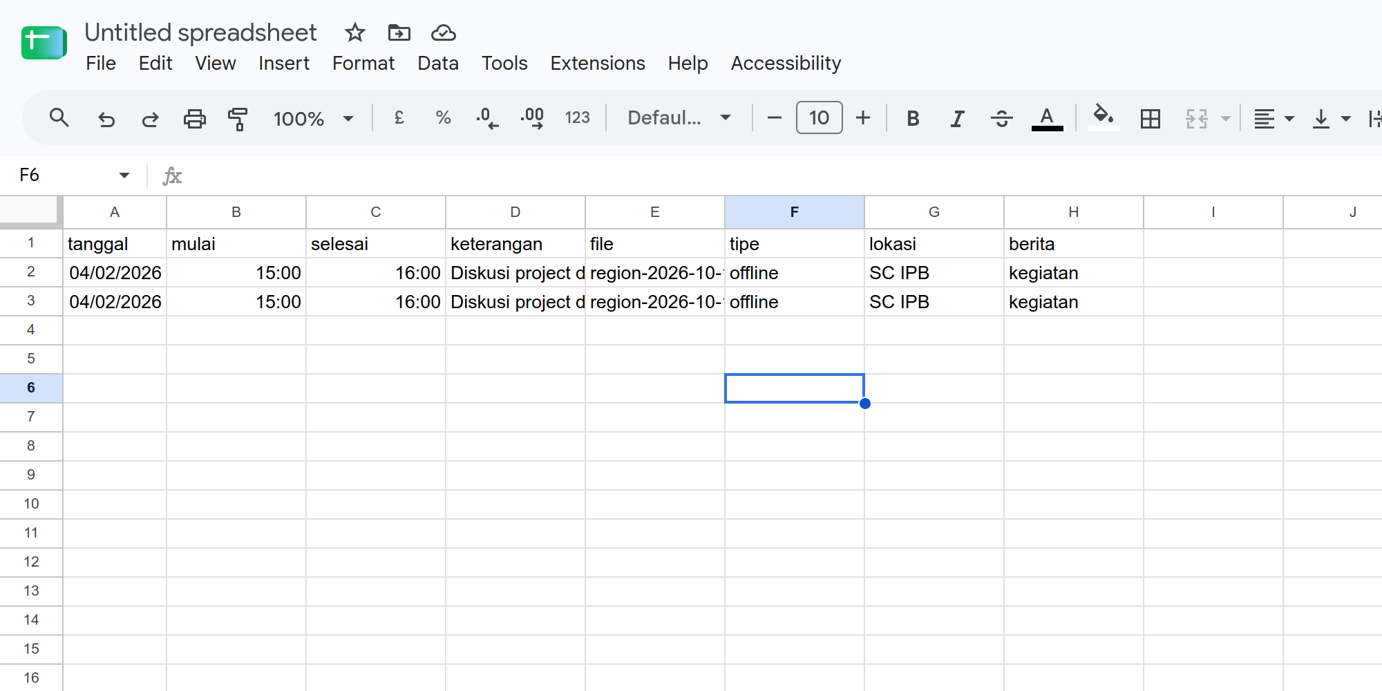 Preview Format data.csv di Spreadsheet